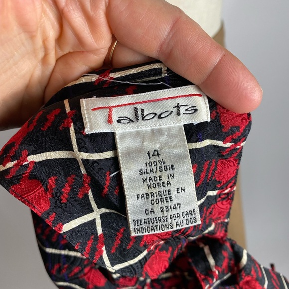 VINTAGE Silk Plaid Talbots Long Sleeve Blouse Holiday Red Black Purple Womens 14 - Picture 7 of 8